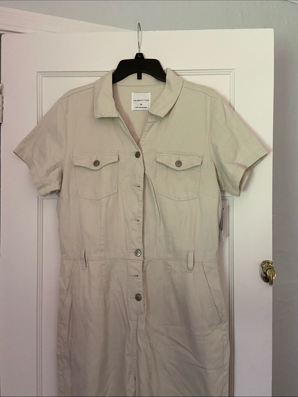 Celebrity Pink Short-Sleeve jumpsuit coveralls in Light Beige or cream XL